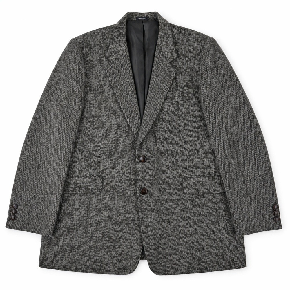 Vintage Wool Jacket – 46 Gray Herringbone Tweed Leather Buttons‎